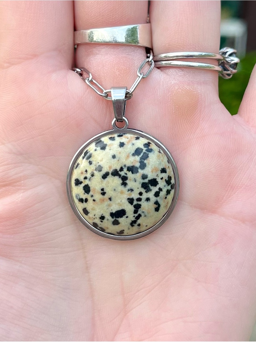Dalmatian Jasper Round Pendant Necklace in Black and Cream - Women Jewelry